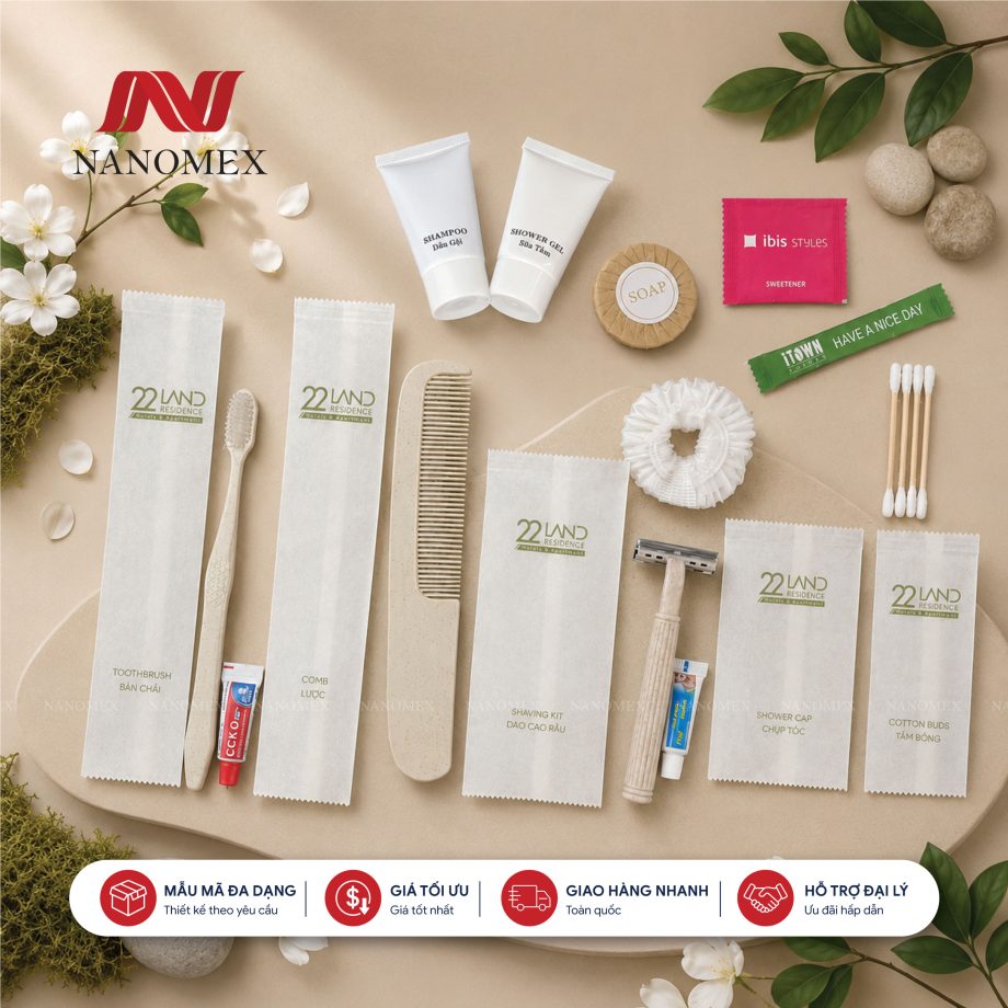 BỘ AMENITIES CAO CẤP – TÚI VẢI KHÔNG DỆT IN LOGO