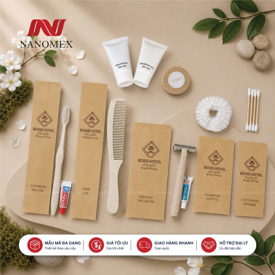 BỘ AMENITIES CAO CẤP – TÚI KRAFT IN LOGO