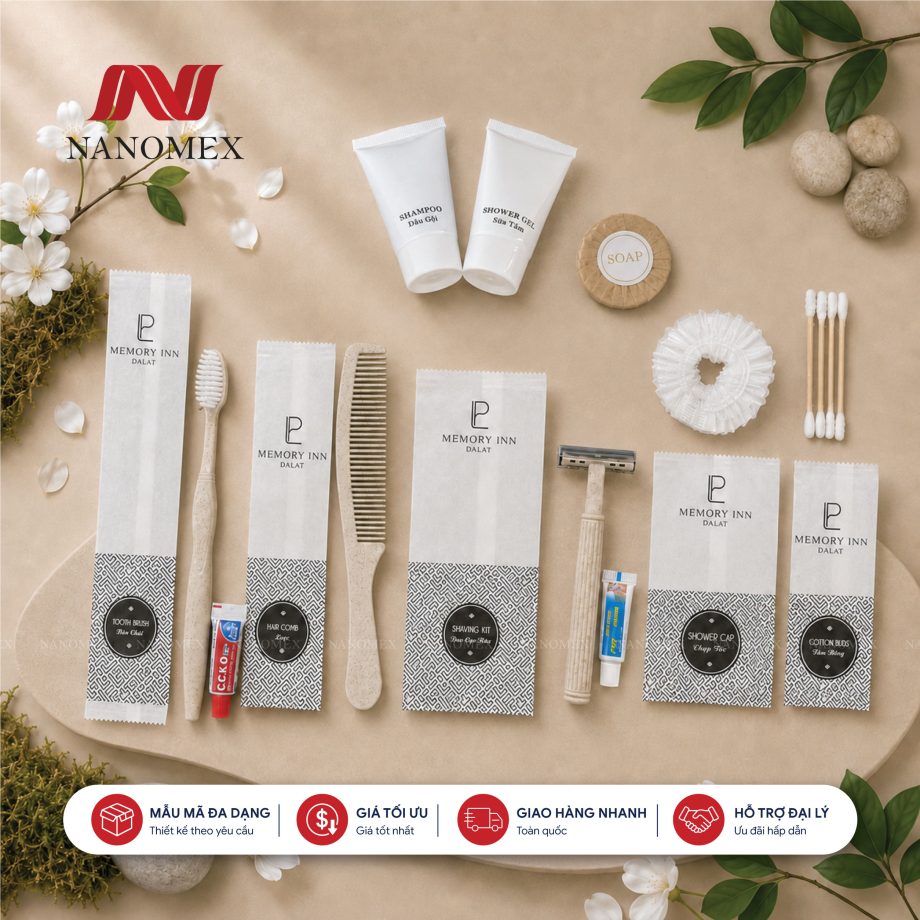 BỘ AMENITIES CAO CẤP – TÚI GIẤY NẾN IN LOGO